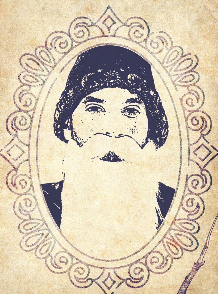 Hand-inked portrait of Pace Morby as a wizard inside an ornate oval frame