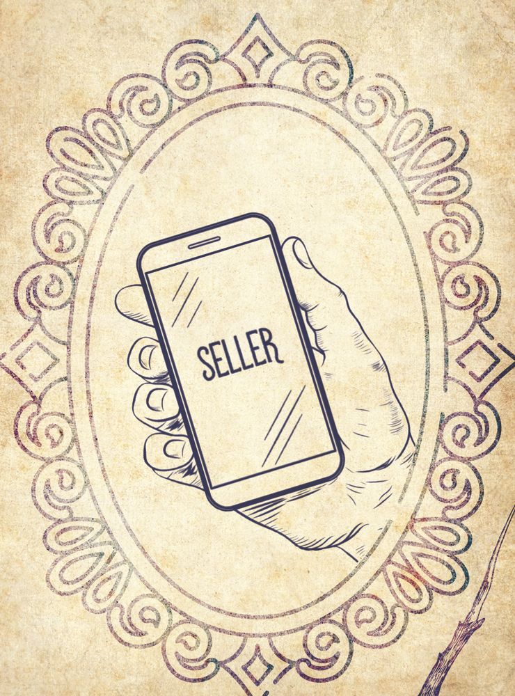 Hand-drawn hand holding a phone with “Seller” on the screen, inside an ornate oval frame