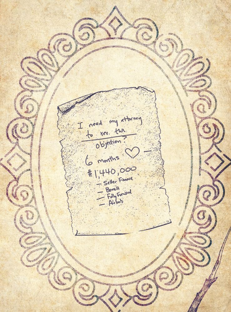 Hand-drawn torn note reading “I need my attorney to rev. this objection?” inside an ornate oval frame