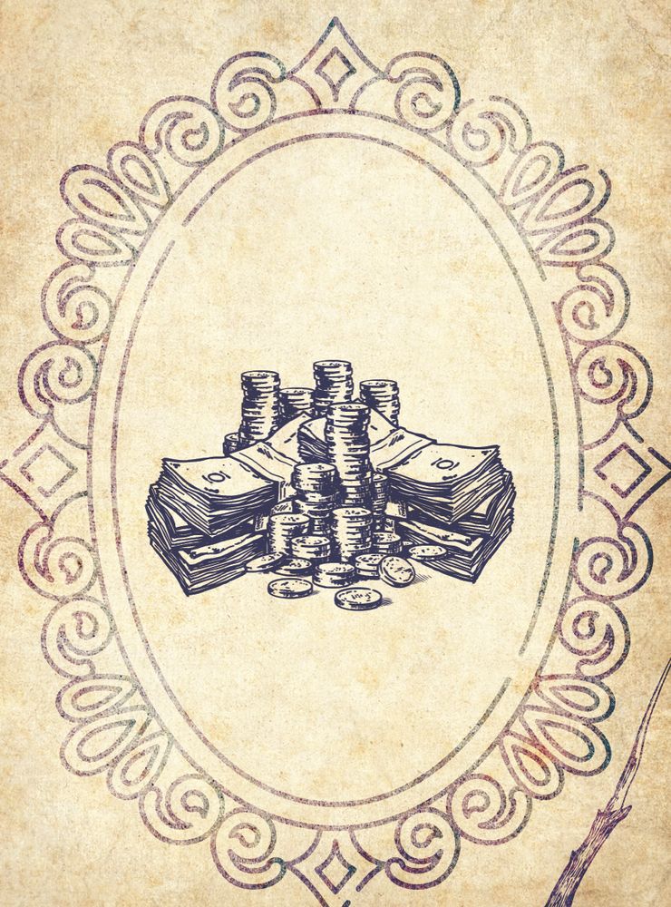 Hand-drawn pile of cash and coins inside an ornate oval frame