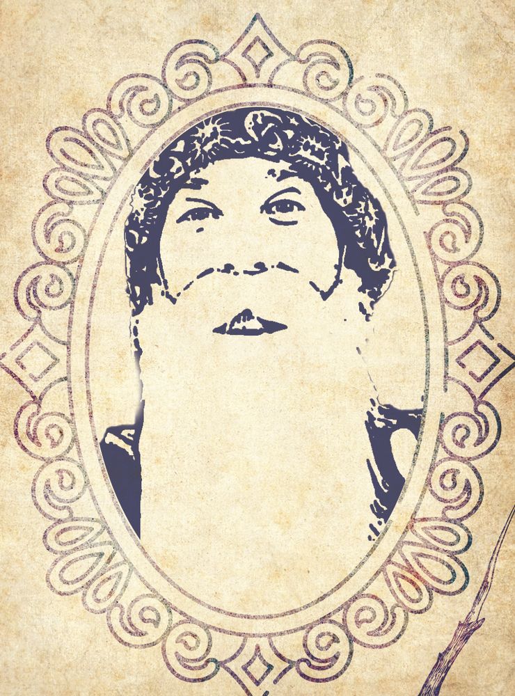 Hand-inked portrait of Pace Morby gazing upward inside an ornate oval frame