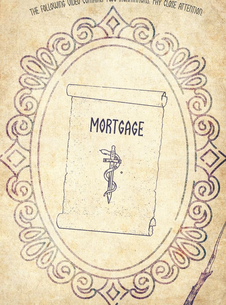 Hand-drawn scroll labeled “Mortgage” with a sword and serpent, inside an ornate oval frame