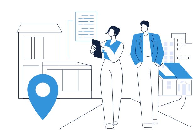 Two investors comparing property notes in front of line-art houses with a map pin